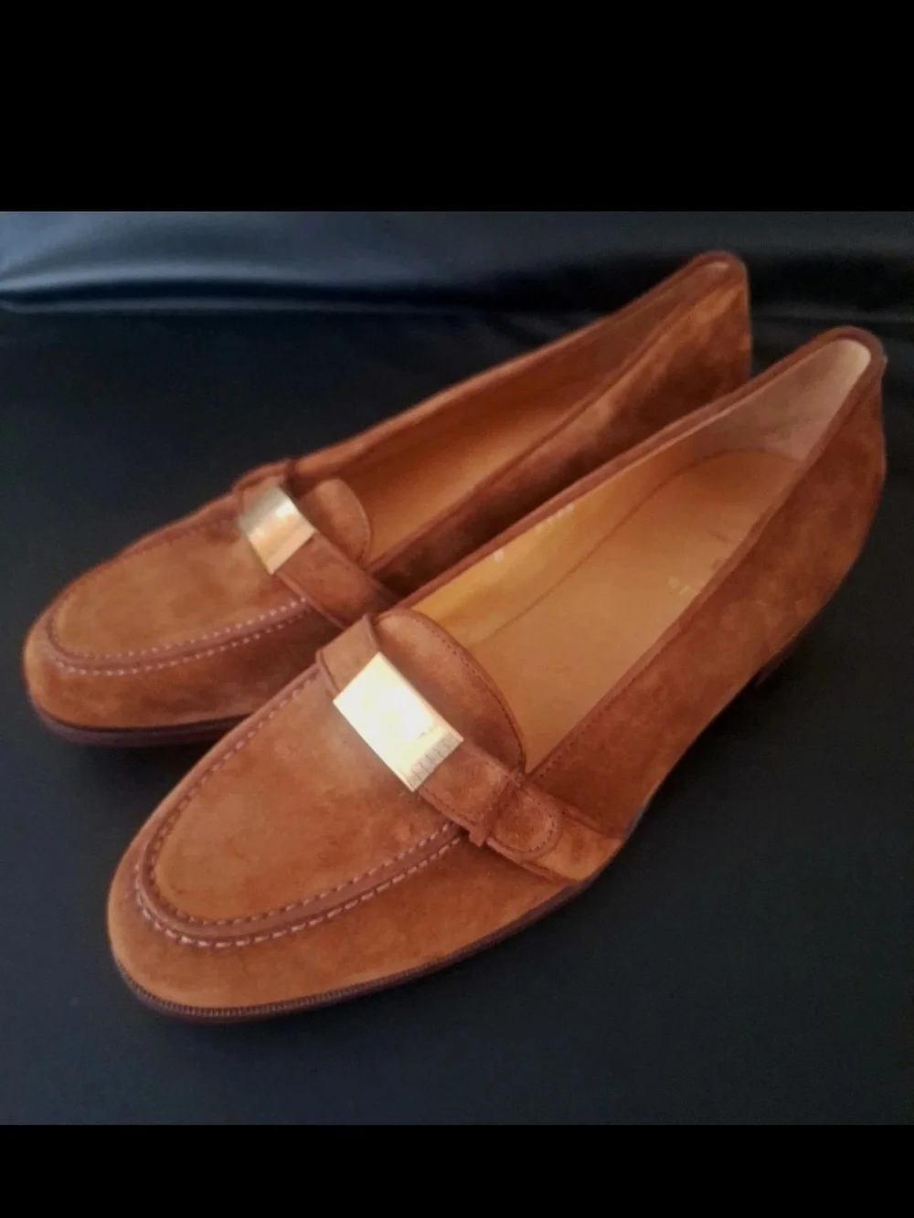 Polo Ralph Lauren Italy Suede Loafers Gold Plaque Block Heel NWOT Brown 9.5 D
